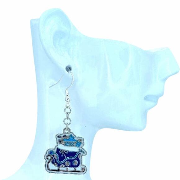 Festive Blue Santa Sleigh Earrings 🎁 Christmas Holiday Jewelry - Picture 2 of 4